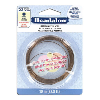German wire, medium temper, round, 22 gauge, antique brass color, 10 meters. (SKU# TTPK22R/OXBR). Sold individually.