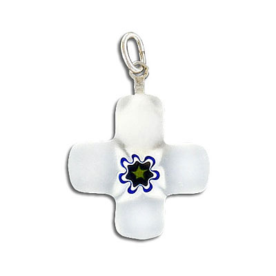 Pendentif croix en verre vénitien 20x20mm, cristal givré, bélière en plaqué argent. Vendu separement. (SKU# VG9349/8W)