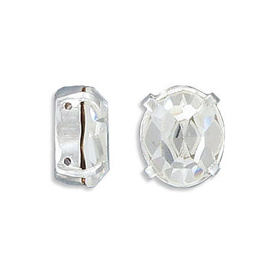 Sew-on mounted jewel, 12x10mm, oval, machine cut stone, crystal, silver plate, approx. hole size 0.75mm. (SKU# MJ/12X10/101S). Sold per pack of 12