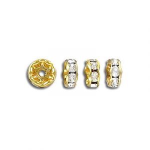 Czech rhinestones, rondelle, 6mm, inside diameter 1mm, crystal, gold plate. (SKU# RR/6MM/101G). Sold per pack of 72