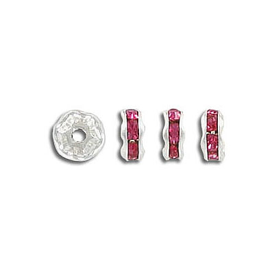 Pierres du Rhin rondelle, 6mm, diamètre intérieur 1mm, fuchsia, plaqué argent. Vendu en paquet de 72. (SKU# RR/6MM/208S)
