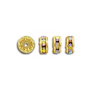 Czech rhinestones, rondelle, 6mm, inside diameter 1mm, AB crystal, gold plate. (SKU# RR/6MM/301G). Sold per pack of 144