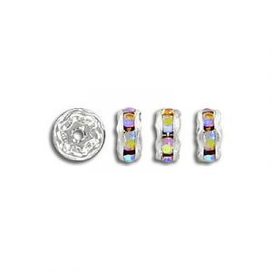 Czech rhinestones, rondelle, 6mm, inside diameter 1mm, AB crystal, silver plate. (SKU# RR/6MM/301S). Sold per pack of 72