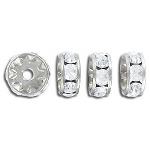 Pierres du Rhin tchèques, rondelle, 9mm, diamètre intérieur 2mm, crystal, plaqué argent. Vendu en paquet de 72. (SKU# RR/9MM/101S)