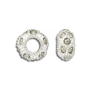 Billes en métal, pierre du rhin, grande taille de trou, 12x6mm, 5mm taille du trou, cristal/argent. Vendu en paquet de 12. (SKU# MB12R/101S)