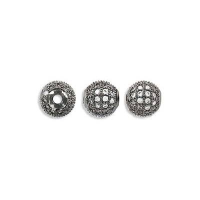 Billes en métal, 6mm, pave zircons cubiques, plaqué couleur nickel noir, grandeur de trou approx. 1.80mm. Vendu en paquet de 6. (SKU# MB1806/BN)