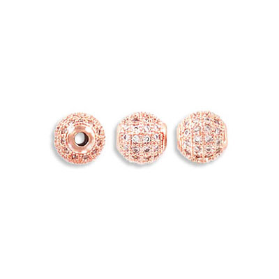 Billes en métal, 6mm, pave zircons cubiques, plaqué couleur or rose, grandeur de trou approx. 1.80mm. Vendu en paquet de 6. (SKU# MB1806/RG)