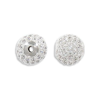 Metal beads, 10mm, brass core, approx. hole size 1.75mm, pave with crystal zircon, imitation rhodium color. (SKU# MB1810/WH). Sold per pack of 3