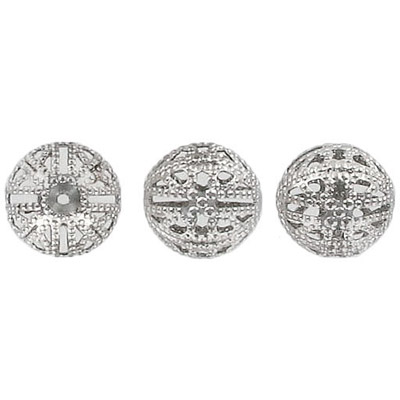 Metal beads, 12mm, round, filigree, nickel plated. (SKU# MB4098/WH). Sold per pack of 100