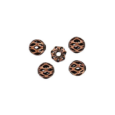 Metal beads, 5mm, round, filigree, antique copper. (SKU# MB5MMF/OXCO). Sold per pack of 100