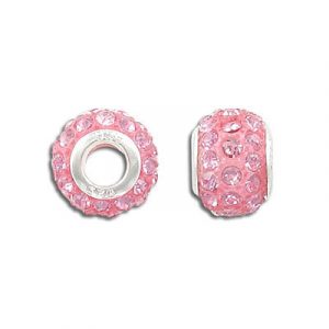 Metal beads, large hole, 14mm, rhinestone, light rose. (SKU# MBP138/216). Sold per pack of 12