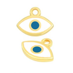 Metal pendant, 15x8mm, evil eye, white and blue enamel, zamak (zinc alloy), gold plate