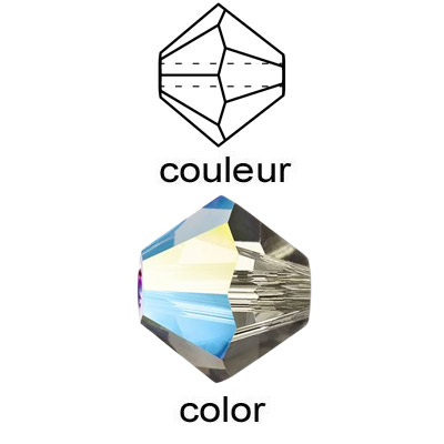 Billes de verre Preciosa coupées à la machine, 6x6mm, bicône, glitter black diamond . Vendu en paquet de 144. (SKU# GBMC6X6/G204)