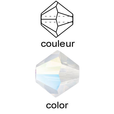 Billes de verre Preciosa coupées à la machine, 6x6mm, bicône, glitter white opal . Vendu en paquet de 144. (SKU# GBMC6X6/G258)