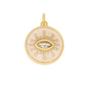 Pendentif en métal, 15 mm, mauvais œil, émail blanc, zircon. Vendu separement. (SKU# MP446WH/101G)
